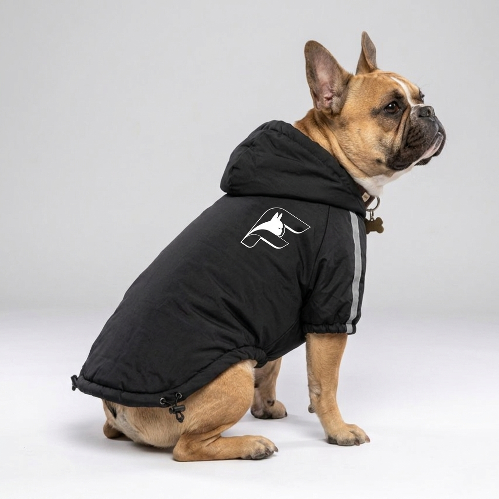 French Bulldog in black HydroHike waterproof jacket, side view