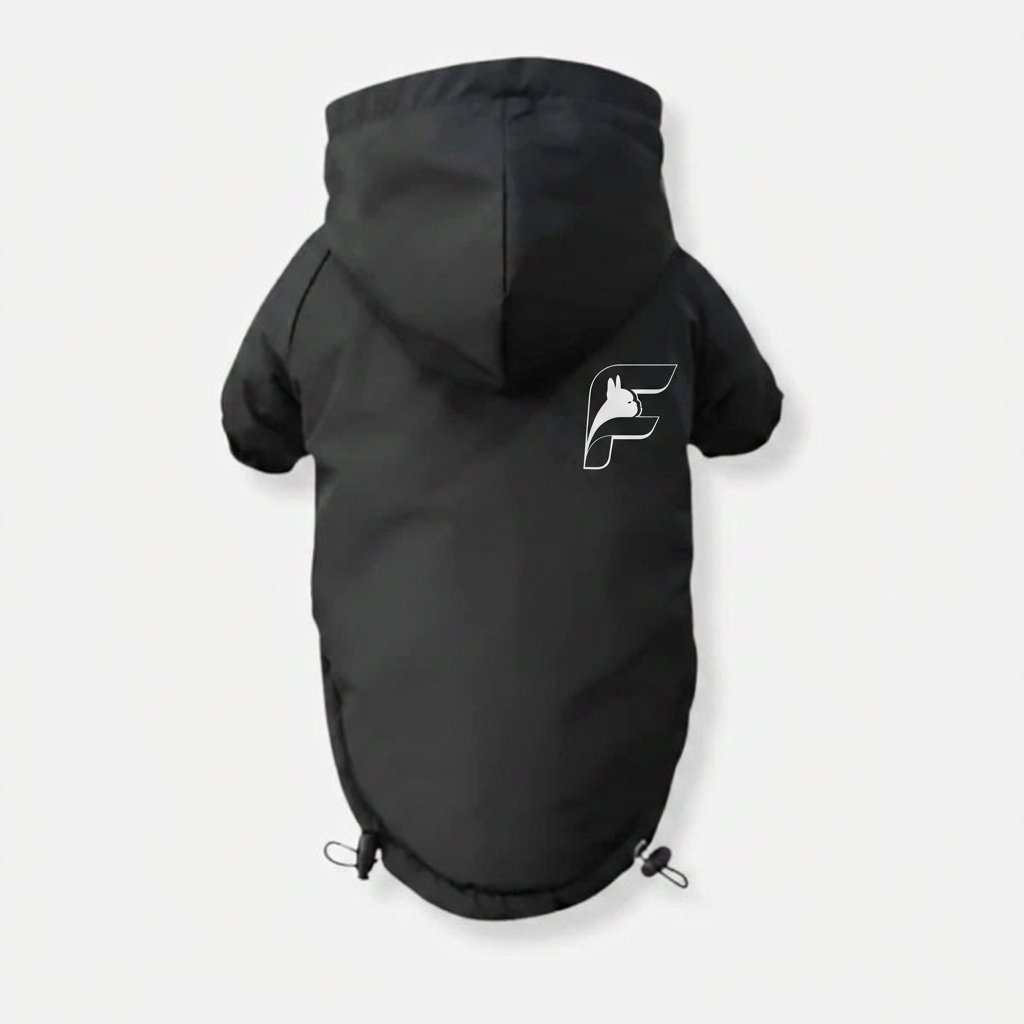 French Bulldog wearing a black waterproof fleece-lined jacket with The Frenchie Shop logo