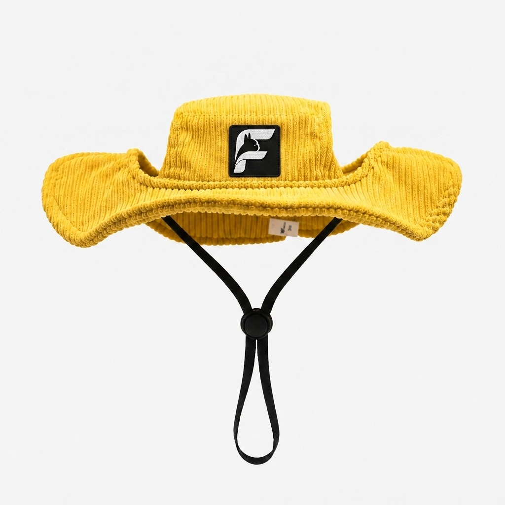 Frenchie in the yellow sun hat with chin strap, outdoor shot