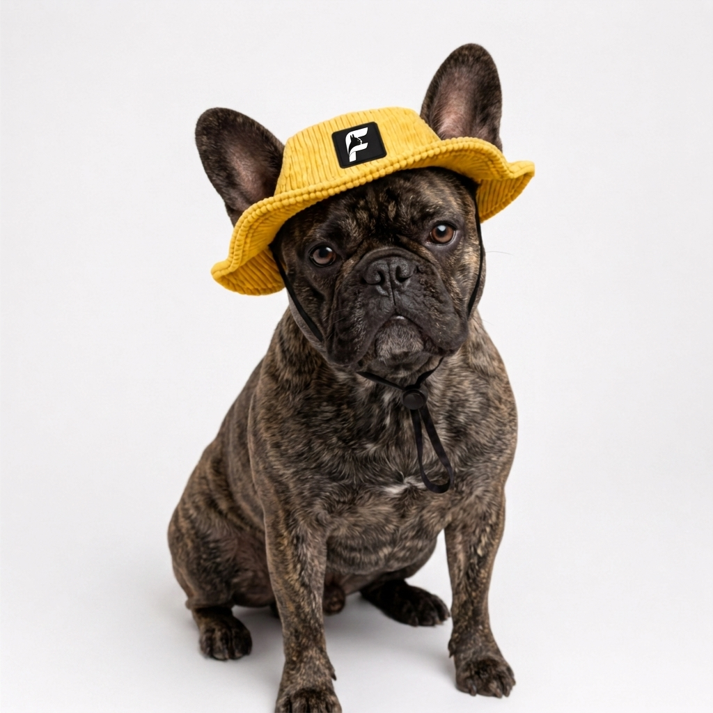 French Bulldog wearing the yellow WildFisher bucket hat