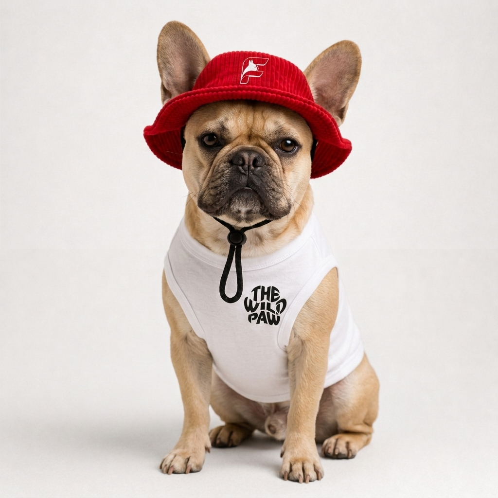 French Bulldog wearing the redwood WildFisher bucket hat