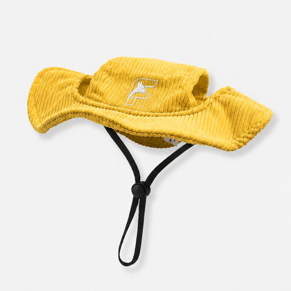 Yellow bucket sun hat for French Bulldogs with The Frenchie Shop logo