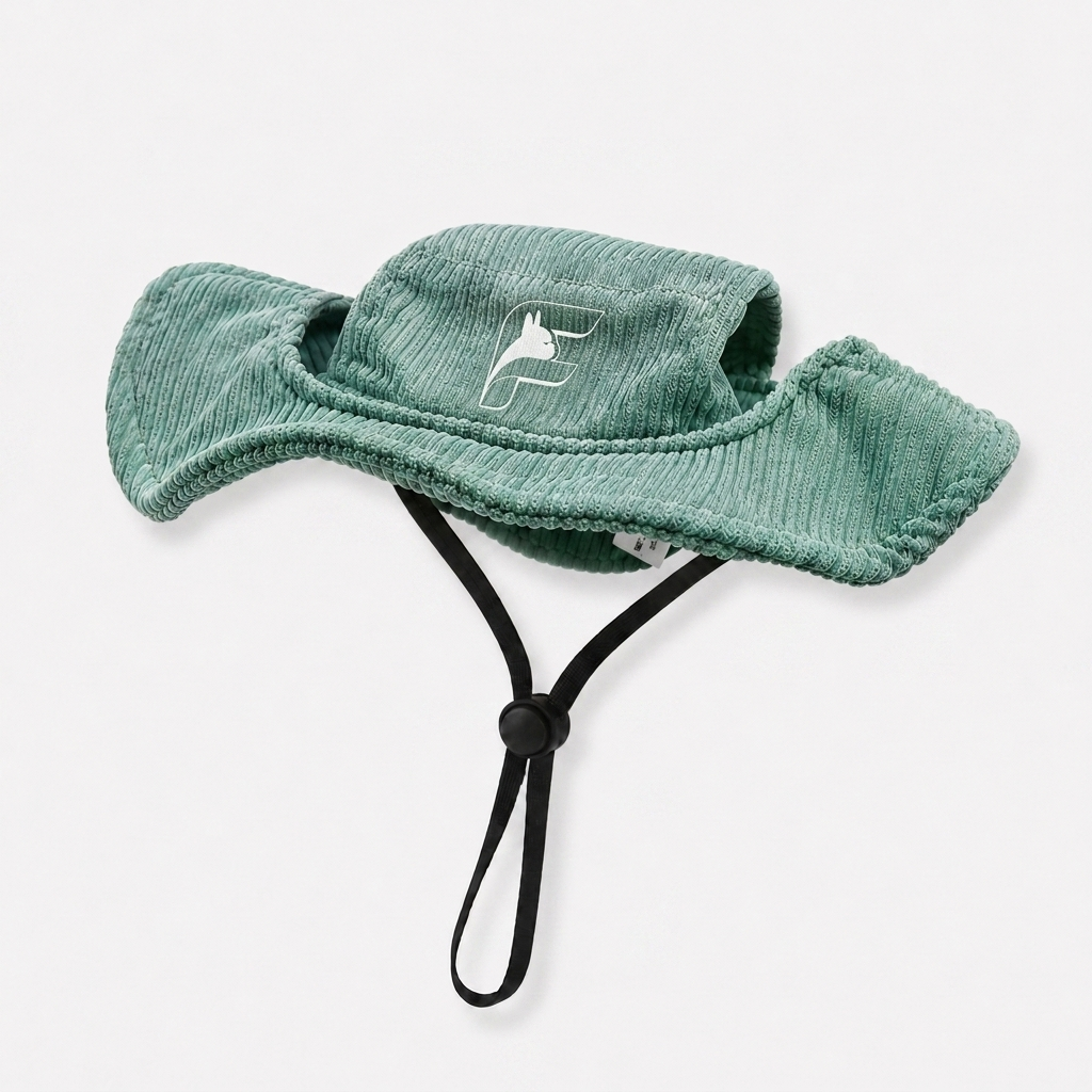 Moss green bucket sun hat for French Bulldogs with The Frenchie Shop logo