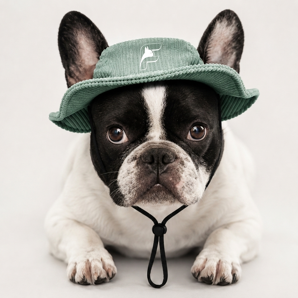 French Bulldog wearing the moss green WildFisher bucket hat