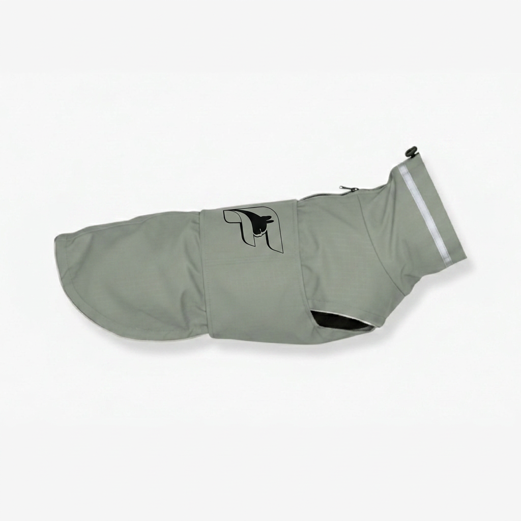 Frenchie in the mist sage rain coat, belly coverage detail