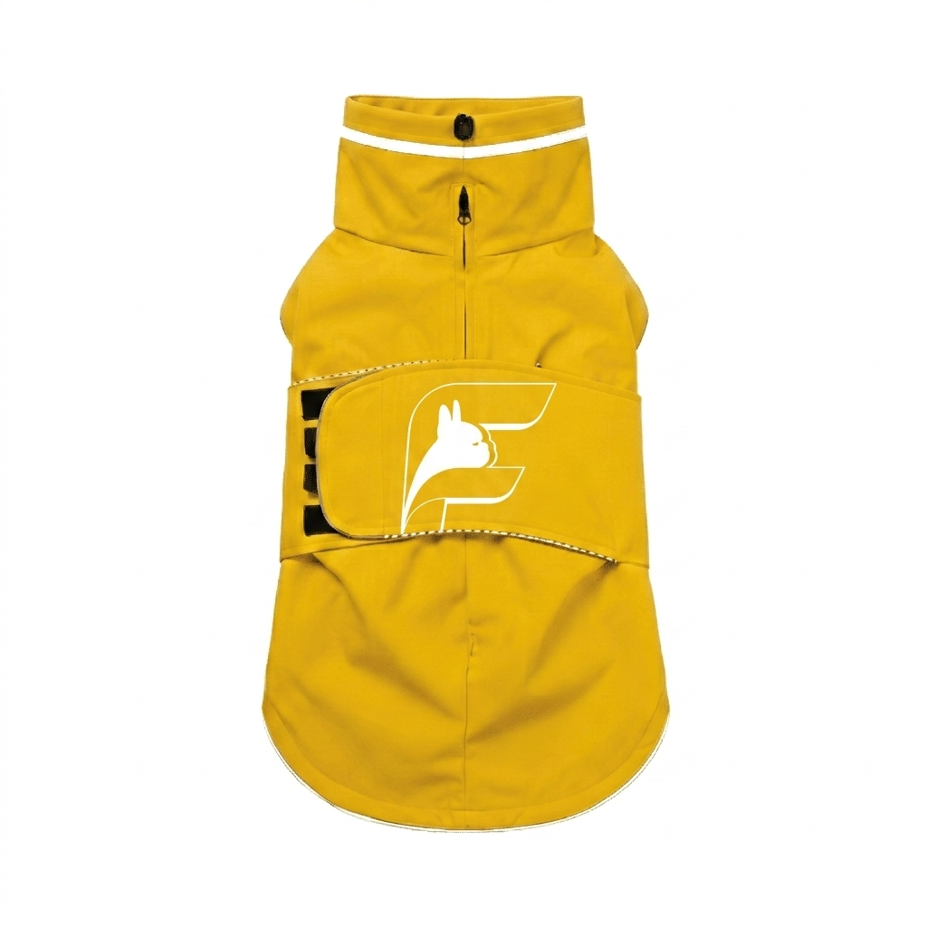 Dog raincoat with leash port and extended belly coverage