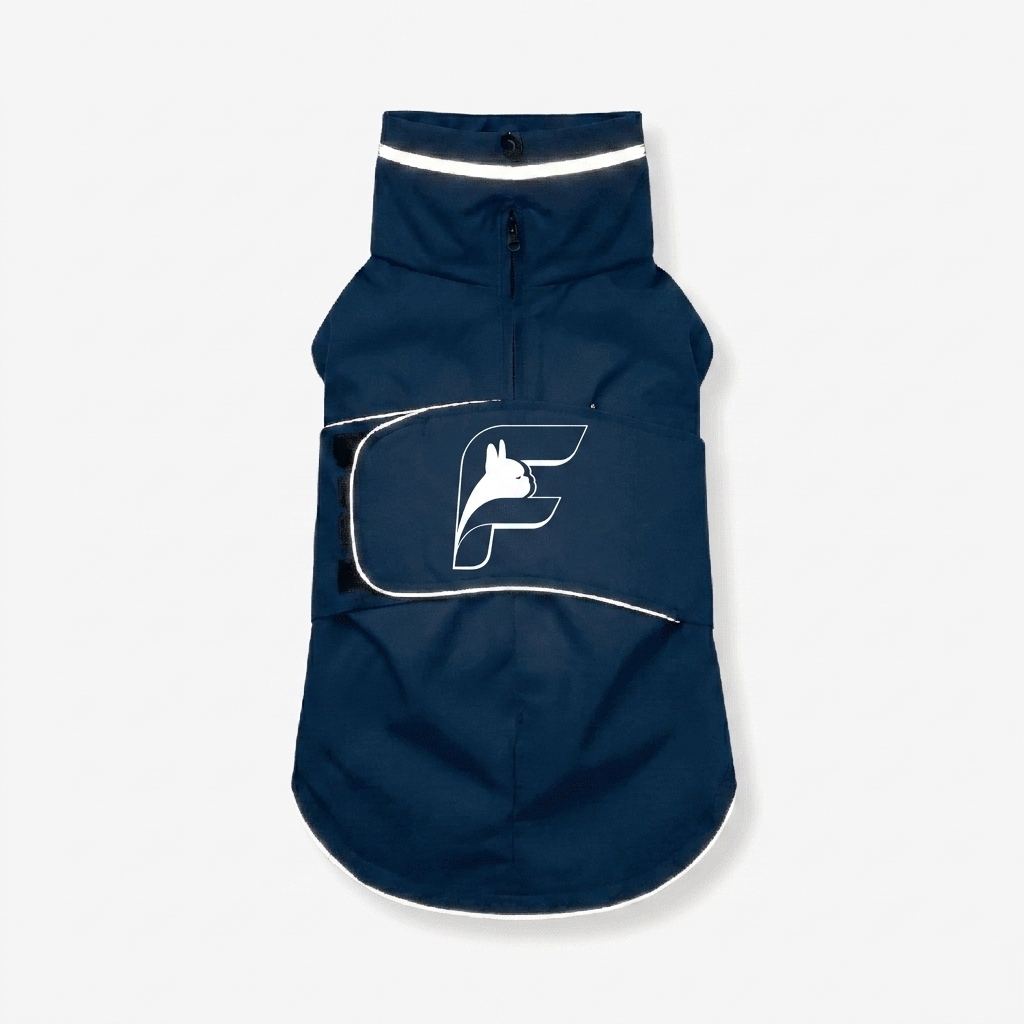 Navy blue dog raincoat with extended belly coverage
