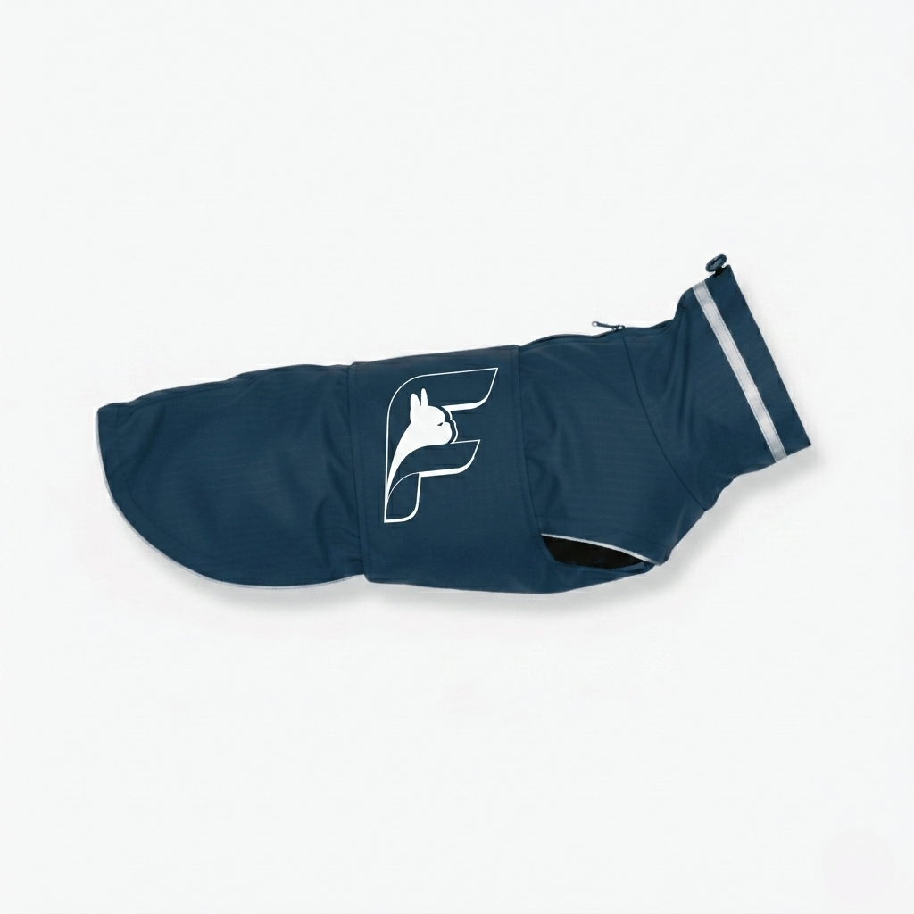 French Bulldog wearing the navy blue WildGuard rain coat