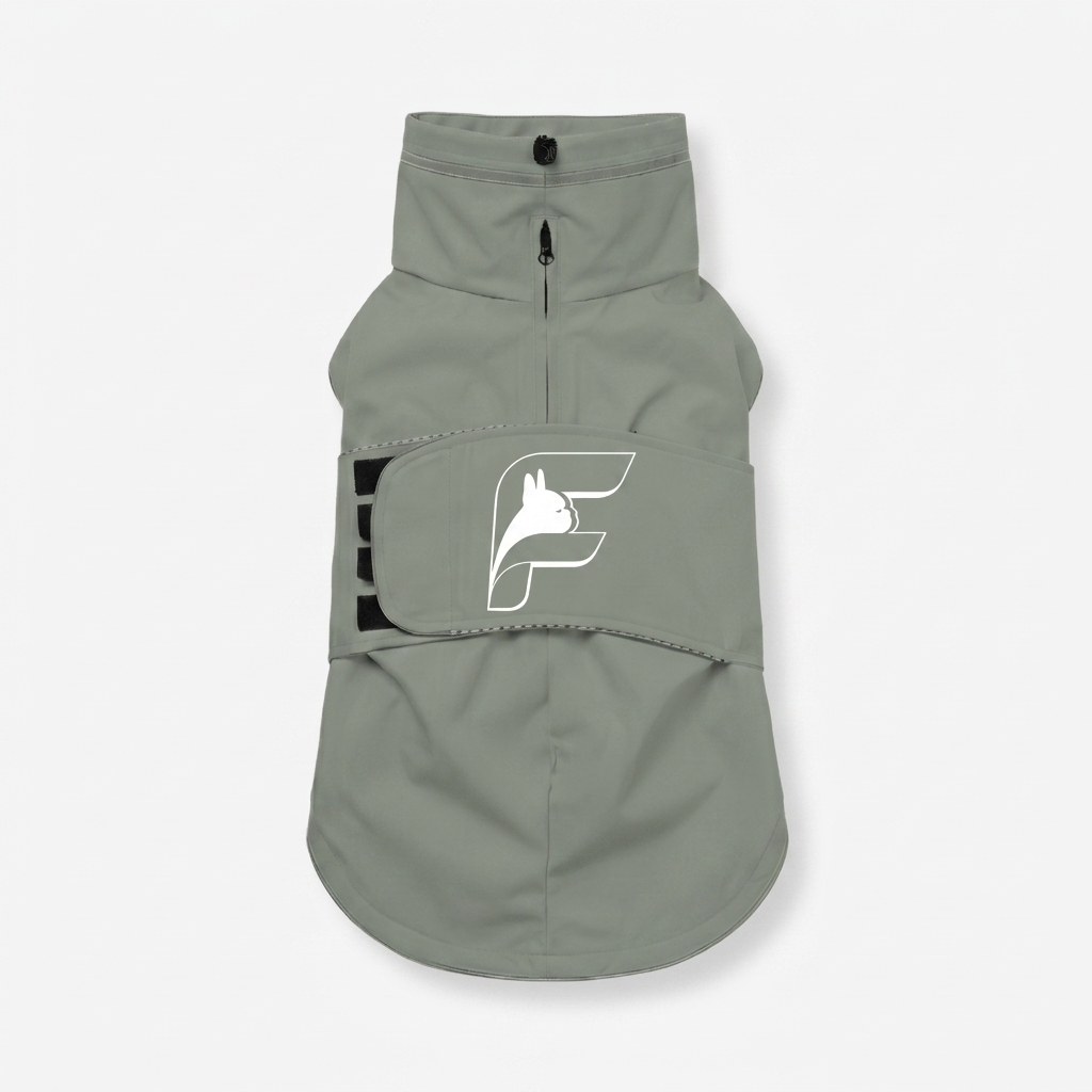 Mist sage waterproof rain coat for French Bulldogs with The Frenchie Shop logo