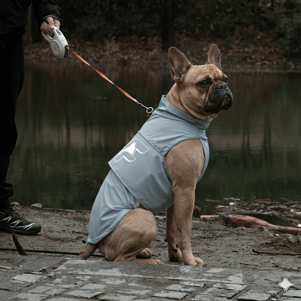 French Bulldog wearing the mist sage WildGuard rain coat
