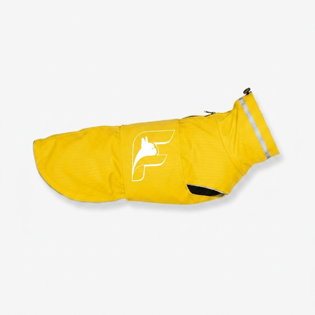 Frenchie raincoat with adjustable chest and waist closures