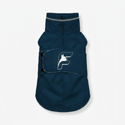 Navy blue waterproof rain coat for French Bulldogs with The Frenchie Shop logo