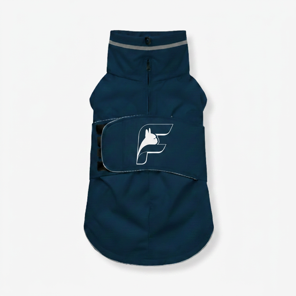 Navy blue waterproof rain coat for French Bulldogs with The Frenchie Shop logo