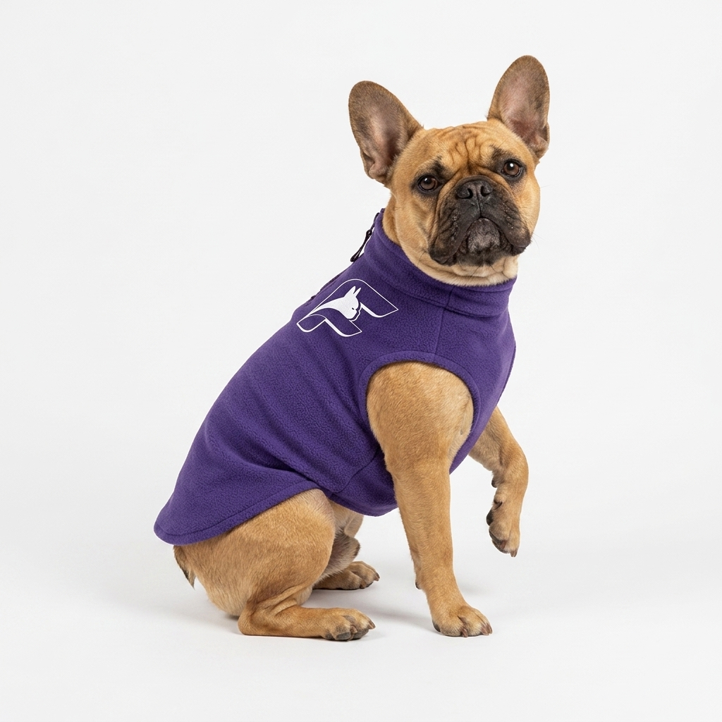 French Bulldog wearing the purple SnugPeak fleece vest