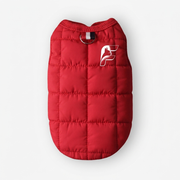 Red insulated vest for French Bulldogs with The Frenchie Shop logo