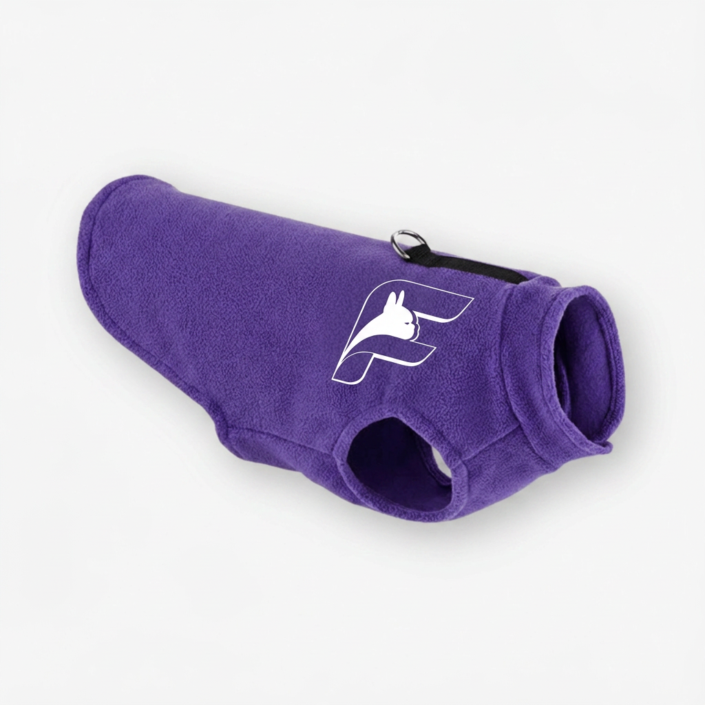 Purple stretch fleece vest for French Bulldogs with The Frenchie Shop logo
