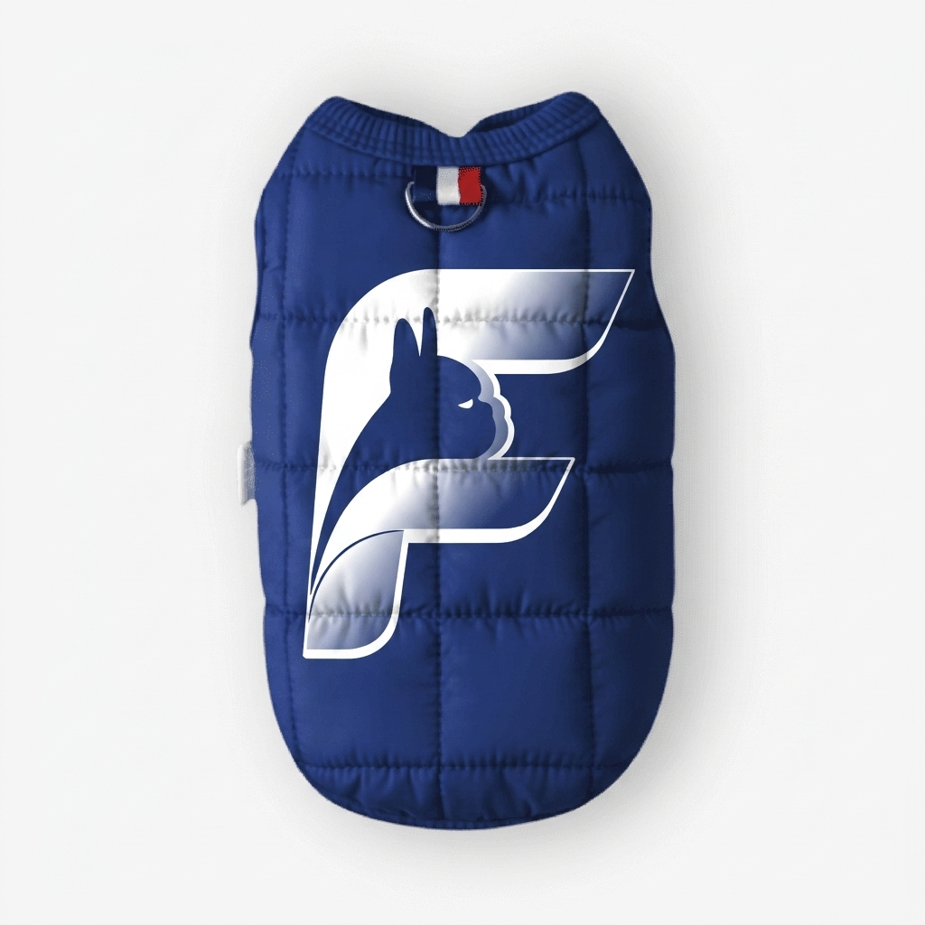 Navy blue insulated vest for French Bulldogs with The Frenchie Shop logo