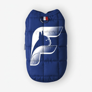 Navy blue insulated vest for French Bulldogs with The Frenchie Shop logo