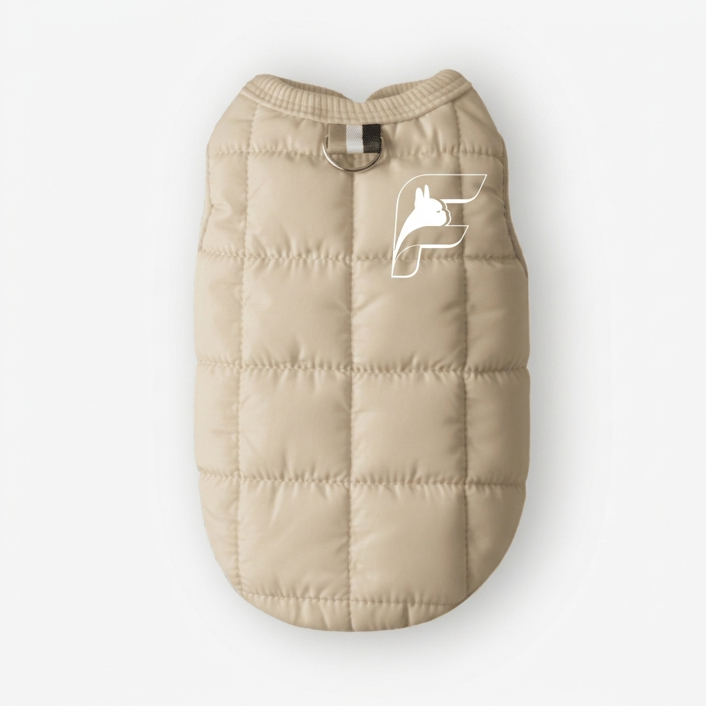Gardenia white insulated vest for French Bulldogs with The Frenchie Shop logo