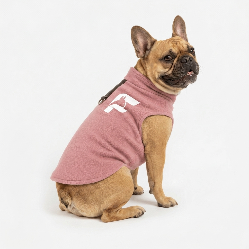 French Bulldog wearing the pink moss SnugPeak fleece vest