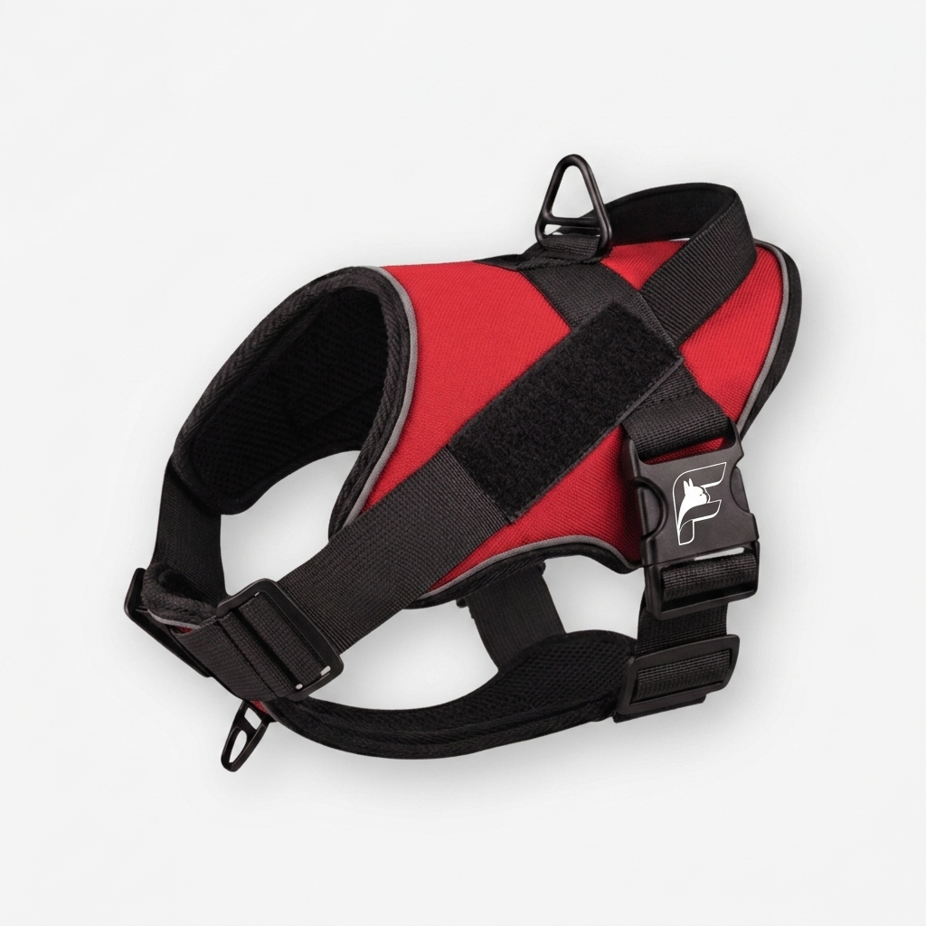 Fiery red tactical harness for French Bulldogs with The Frenchie Shop logo