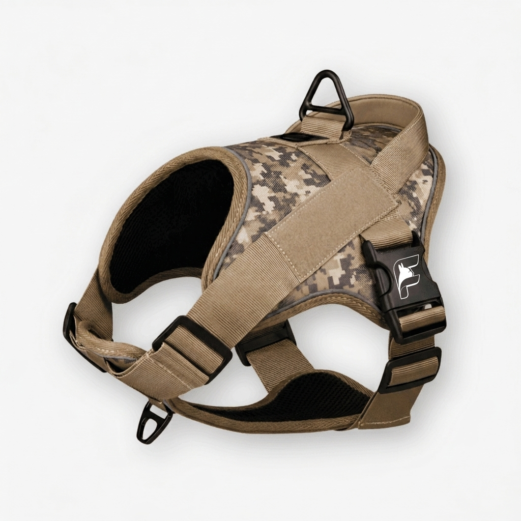 Camel camo tactical harness for French Bulldogs with The Frenchie Shop logo