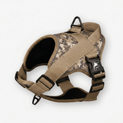 Camel camo tactical harness for French Bulldogs with The Frenchie Shop logo