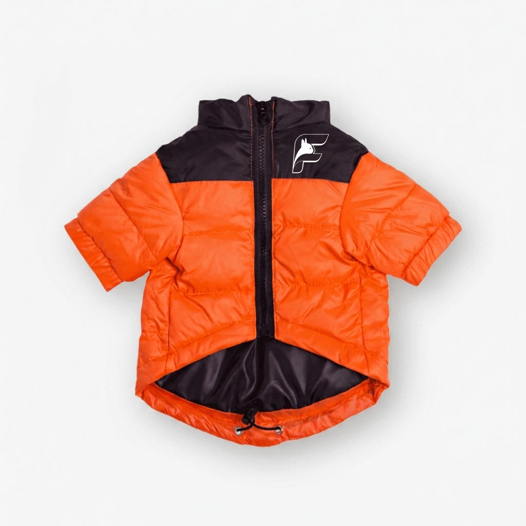 Mandarin orange insulated jacket for French Bulldogs with The Frenchie Shop logo