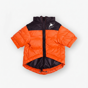 Mandarin orange insulated jacket for French Bulldogs with The Frenchie Shop logo