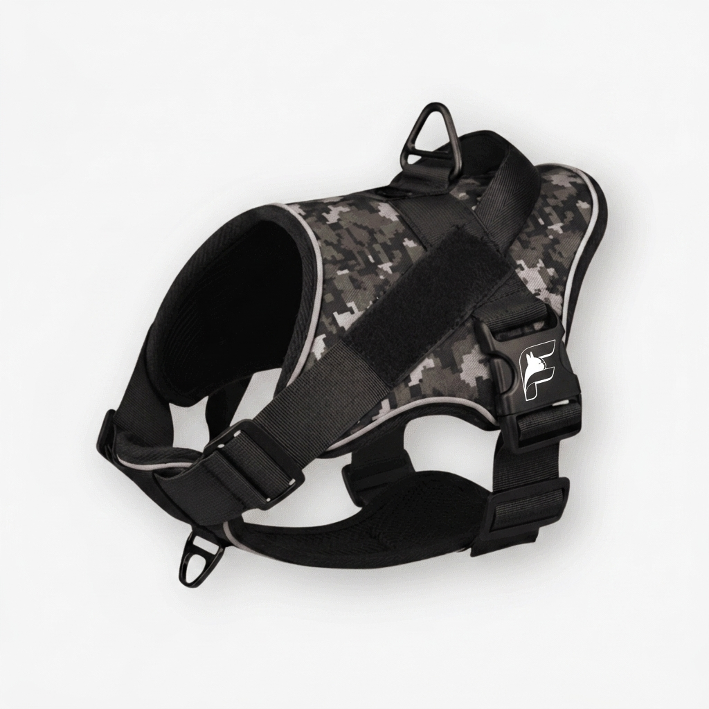 Military olive camo tactical harness for French Bulldogs with The Frenchie Shop logo
