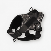 Military olive camo tactical harness for French Bulldogs with The Frenchie Shop logo