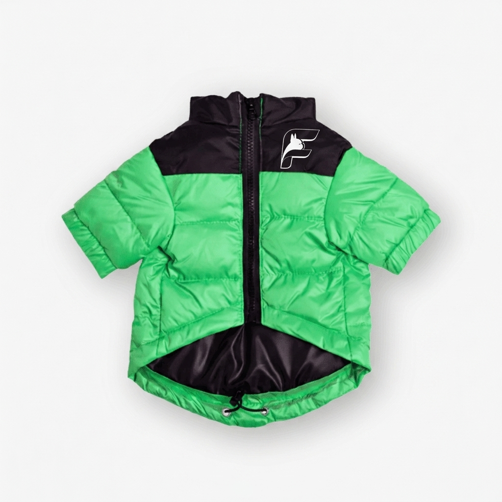 Wasabi green insulated jacket for French Bulldogs with The Frenchie Shop logo