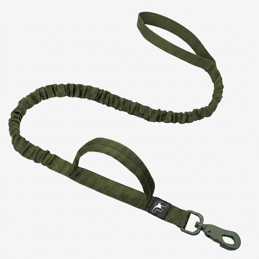 Aloe green tactical leash for French Bulldogs with The Frenchie Shop logo
