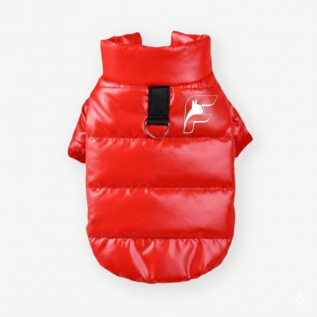 Red Expedition Pro jacket for French Bulldogs with The Frenchie Shop logo