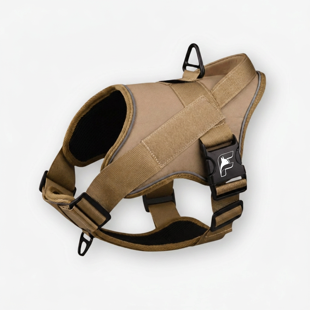 Camel tactical harness for French Bulldogs with The Frenchie Shop logo