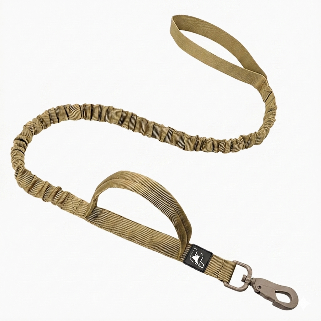 Camel tactical leash for French Bulldogs with The Frenchie Shop logo