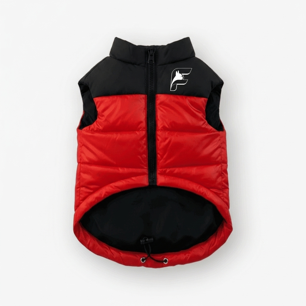 Red ThermaPuffer vest for French Bulldogs with The Frenchie Shop logo