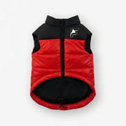 Red ThermaPuffer vest for French Bulldogs with The Frenchie Shop logo