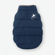 Navy blue fur-lined coat for French Bulldogs with The Frenchie Shop logo