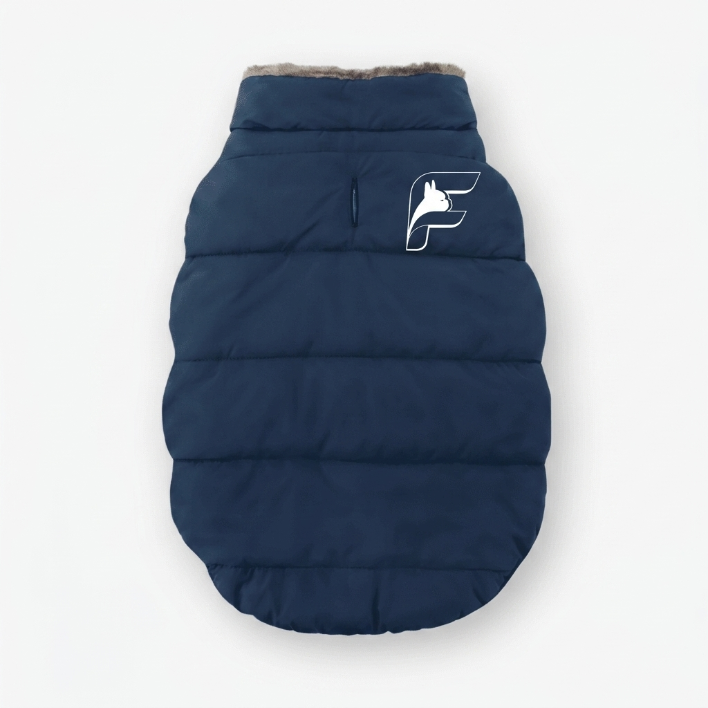 Navy blue fur-lined coat for French Bulldogs with The Frenchie Shop logo