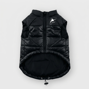 Black ThermaPuffer vest for French Bulldogs with The Frenchie Shop logo