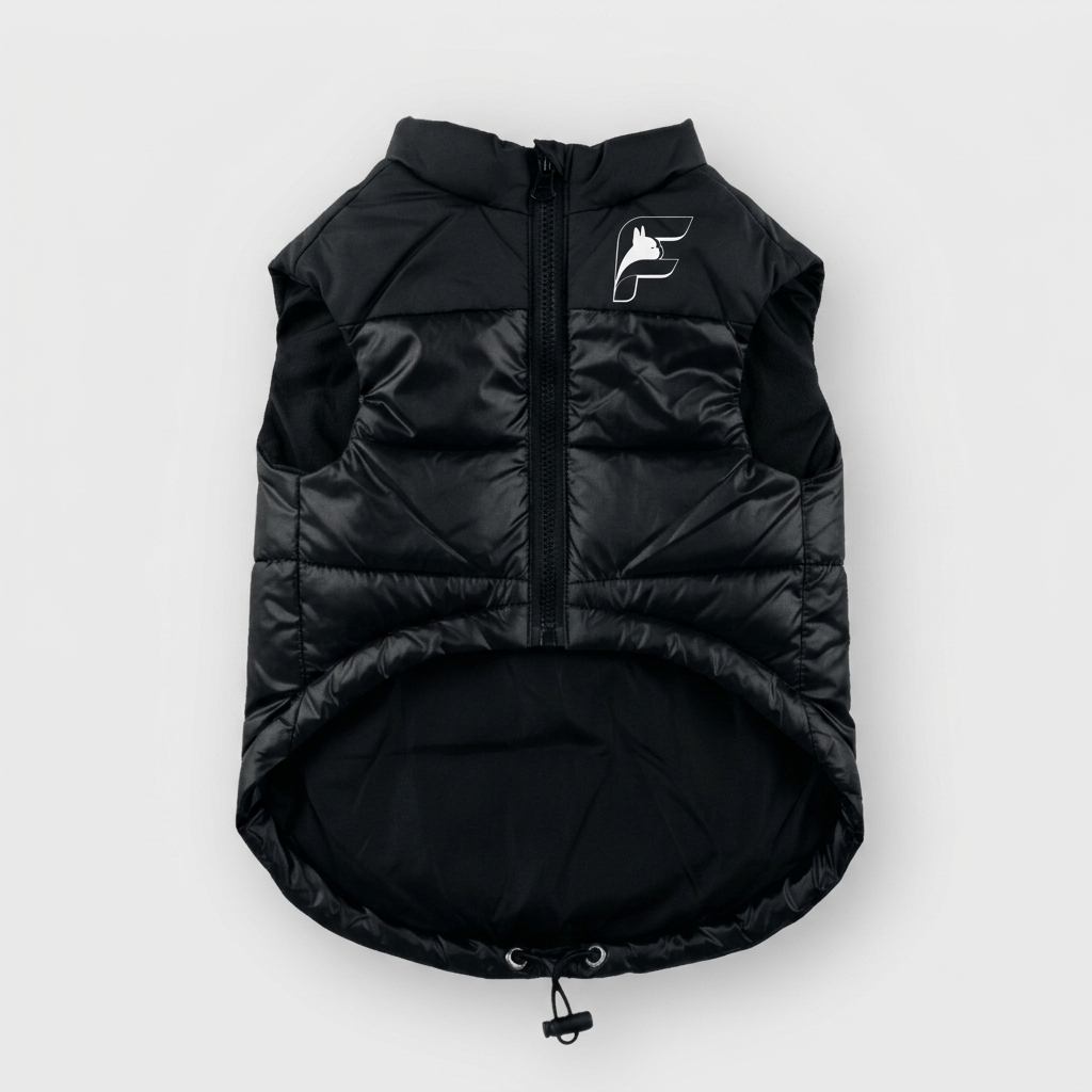 Black ThermaPuffer vest for French Bulldogs with The Frenchie Shop logo