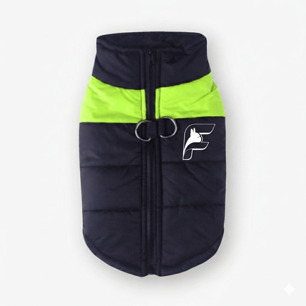 LED yellow high-visibility safety vest for French Bulldogs with The Frenchie Shop logo