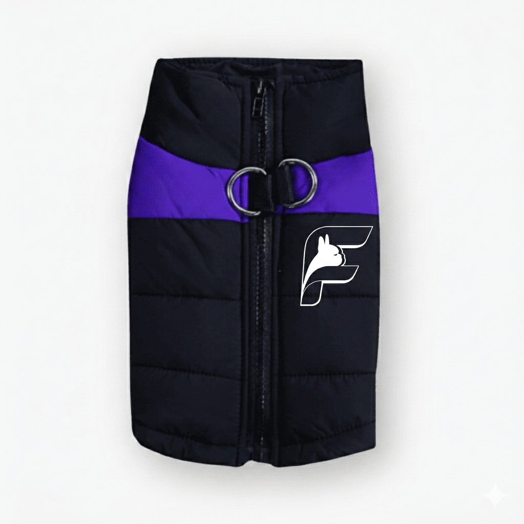 Purple high-visibility safety vest for French Bulldogs with The Frenchie Shop logo