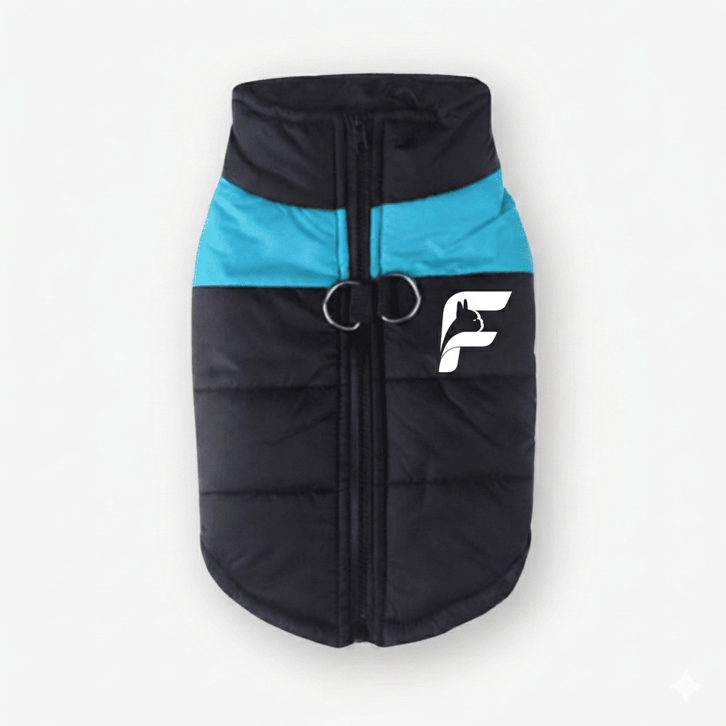Optic blue high-visibility safety vest for French Bulldogs with The Frenchie Shop logo