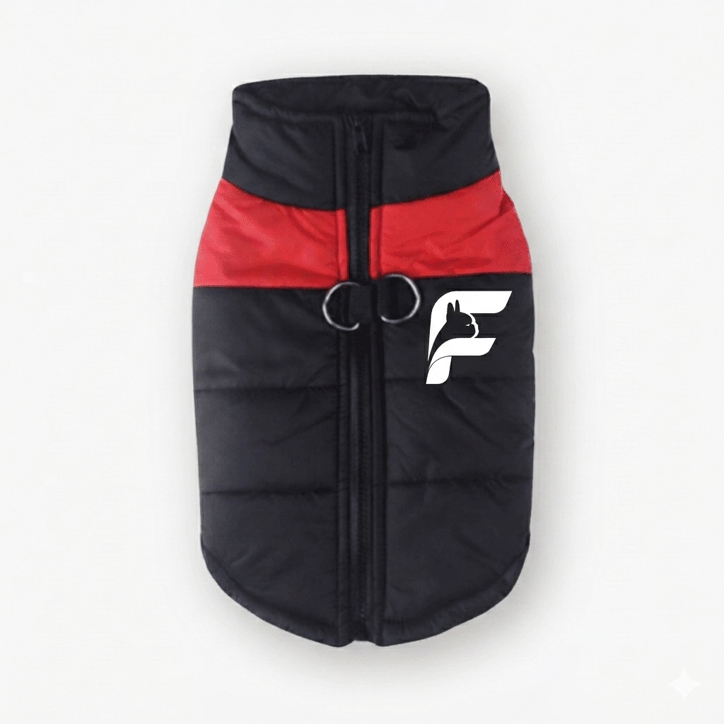 Red high-visibility safety vest for French Bulldogs with The Frenchie Shop logo