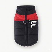 Red high-visibility safety vest for French Bulldogs with The Frenchie Shop logo