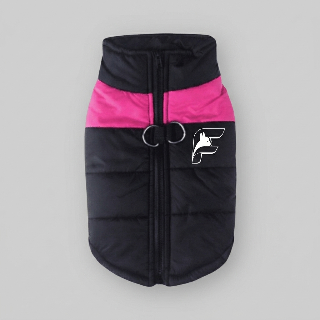 Mr Pink high-visibility safety vest for French Bulldogs with The Frenchie Shop logo