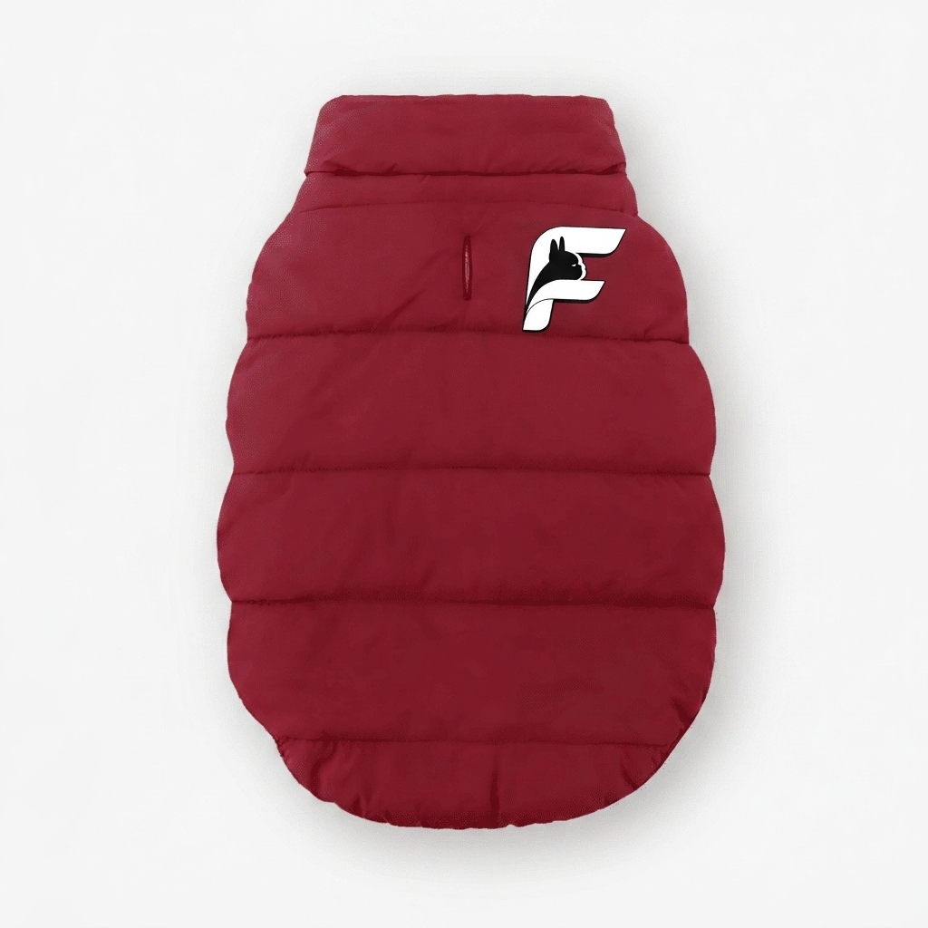 Maroon fur-lined coat for French Bulldogs with The Frenchie Shop logo
