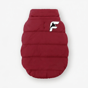 Maroon fur-lined coat for French Bulldogs with The Frenchie Shop logo